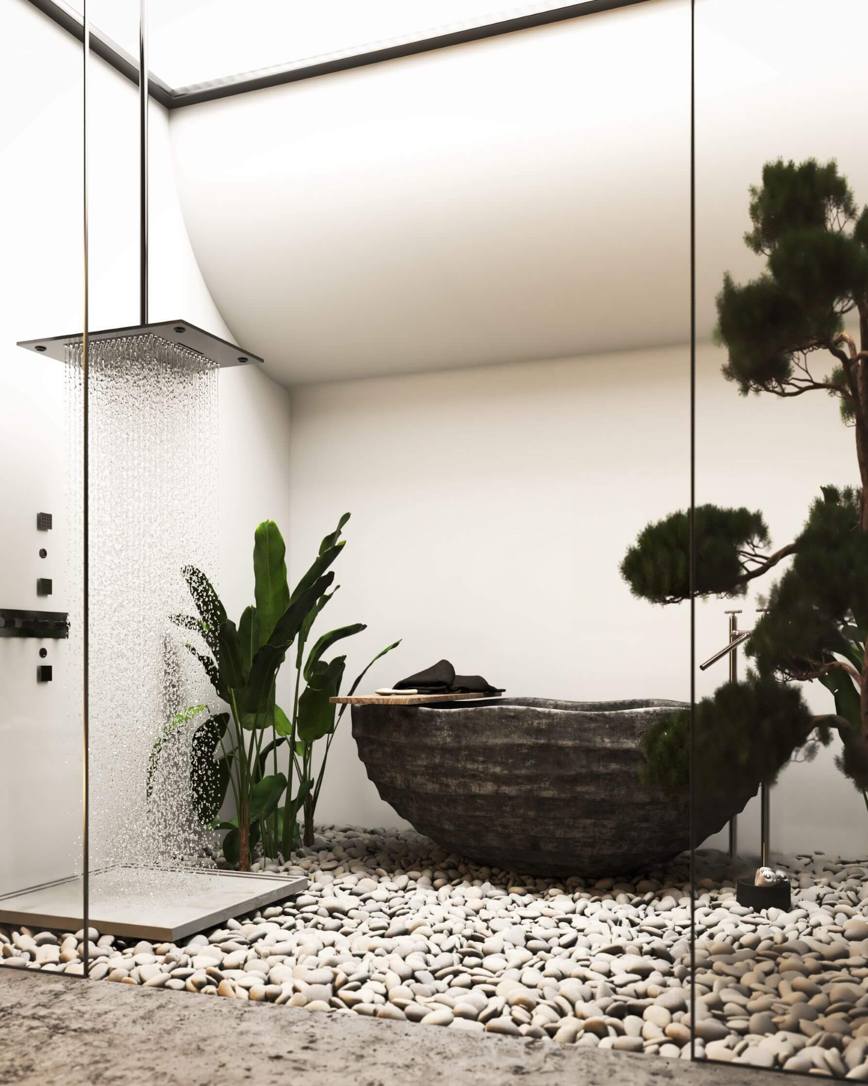 natural bathroom with shower and gravel floor